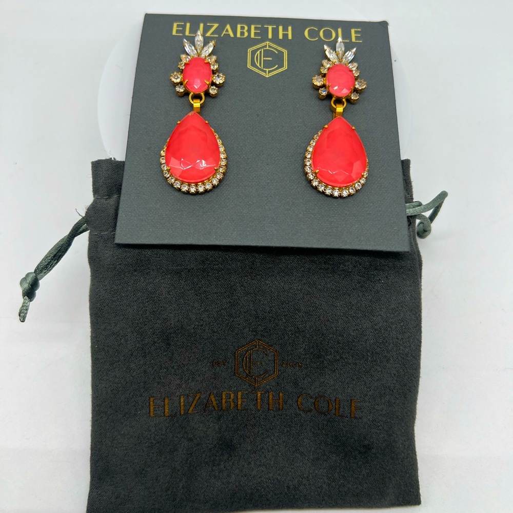 NEW ELIZABETH COLE 24K Gold Plated Swarovski Crystal Flower Dangle Pink Earrings